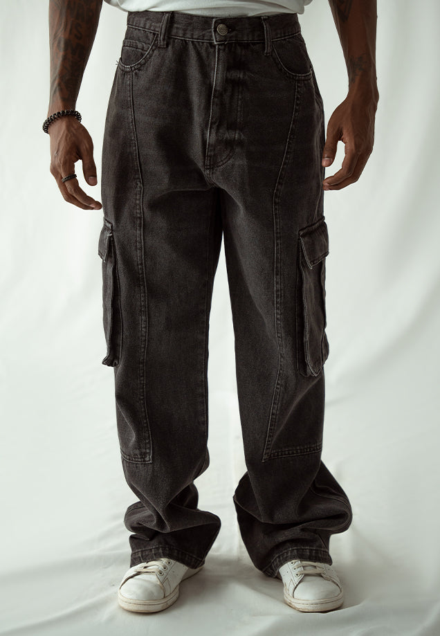 Straight Leg Cargo Jeans - Faded Grey