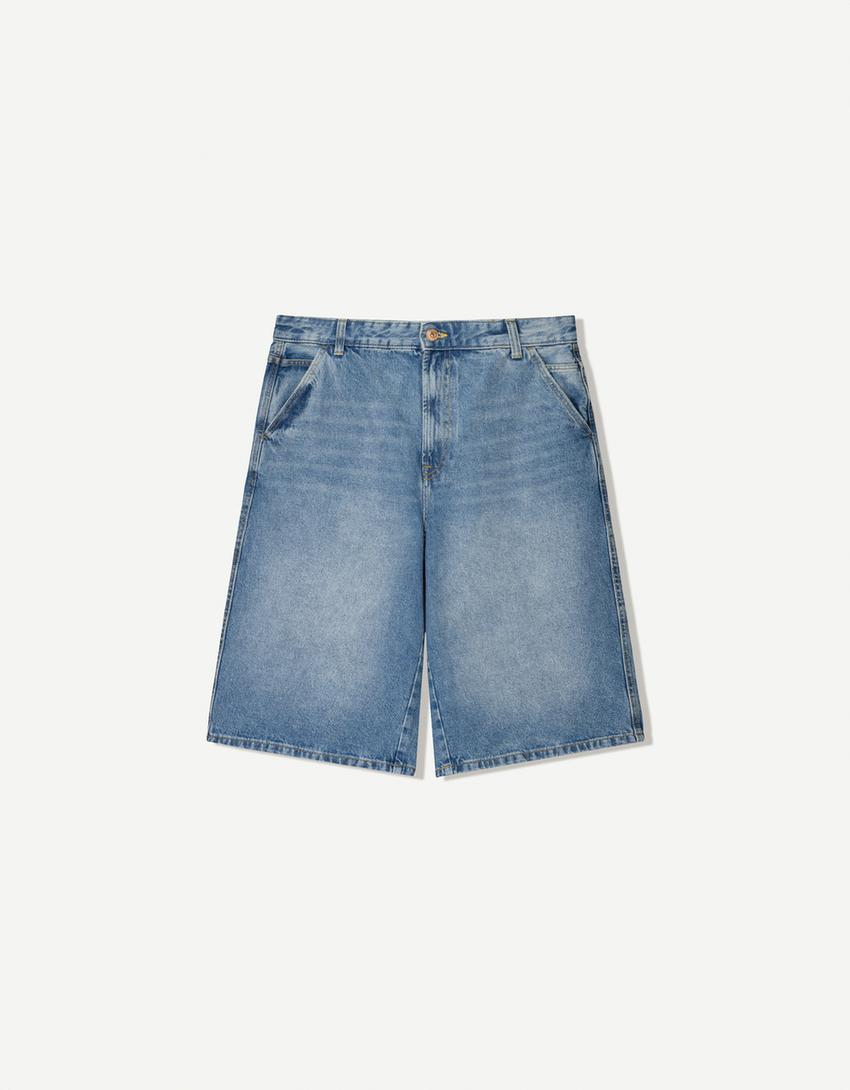 Baggy Denim Bermuda Shorts - Mid Blue