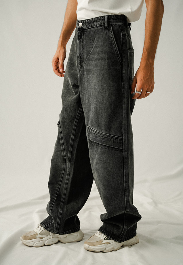 Loose Fit Baggy Denim Trousers - Black Stone Wash