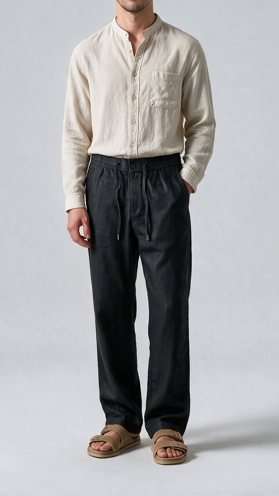 Fluid Linen Casual Pants - Black
