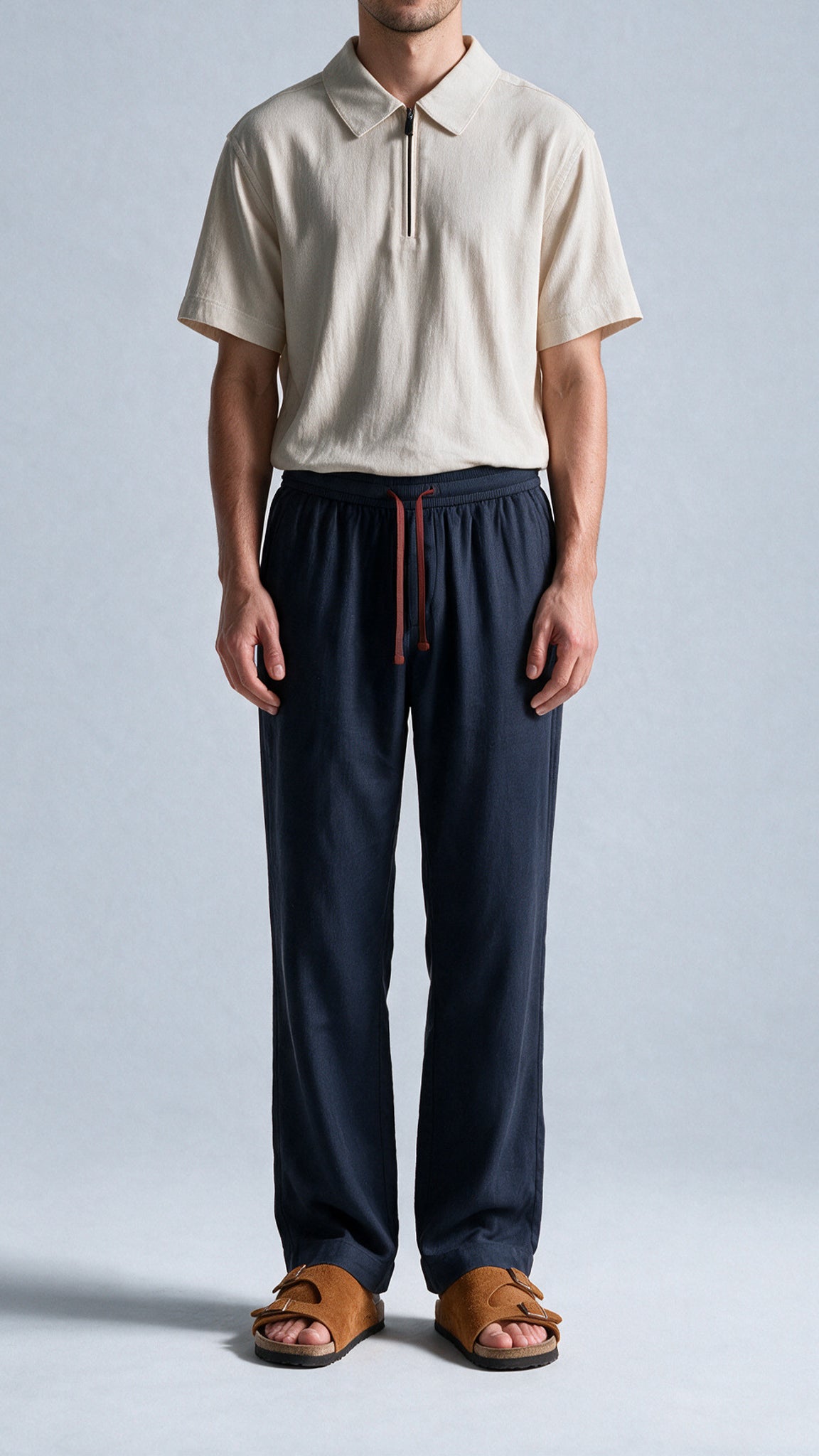 Relaxed Fit Herringbone Linen Trousers - Dark Blue