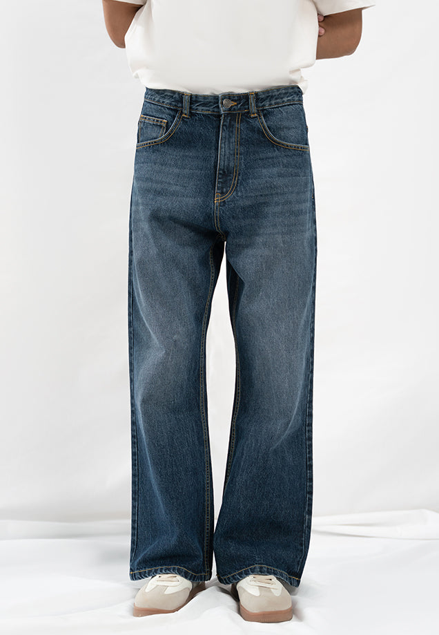 Straight Fit Wide Leg Jeans - Dark Blue