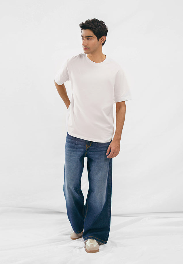 Wide Leg Pleated Jeans - Dark Blue