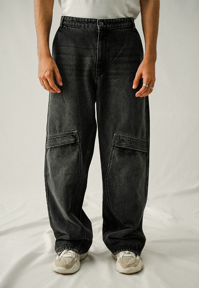 Loose Fit Baggy Denim Trousers - Black Stone Wash