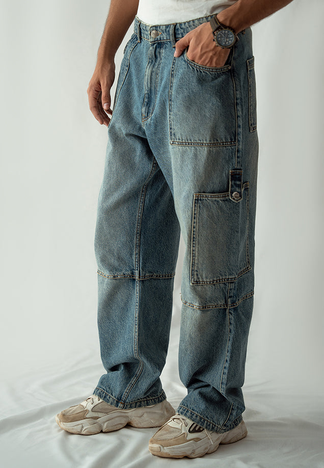 Straight Fit Cargo Pocket Jeans Tint Over Dyed