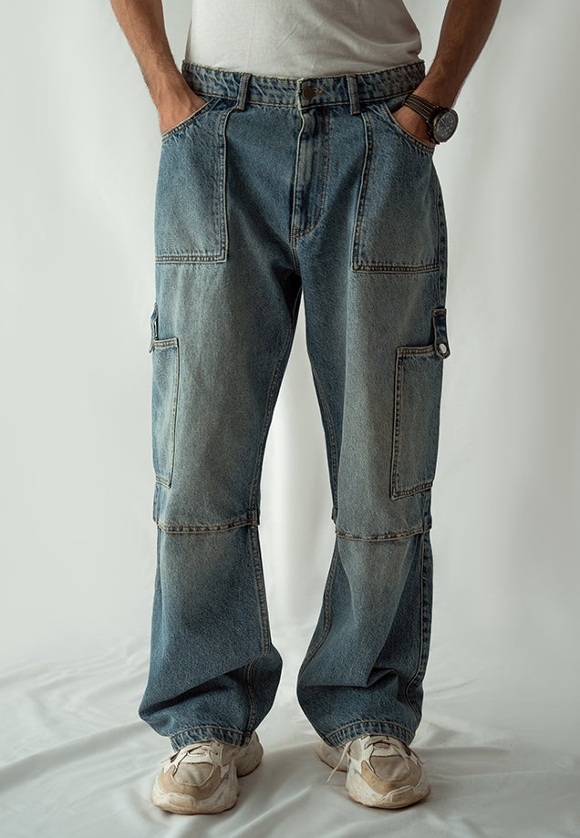 Straight Fit Cargo Pocket Jeans Tint Over Dyed