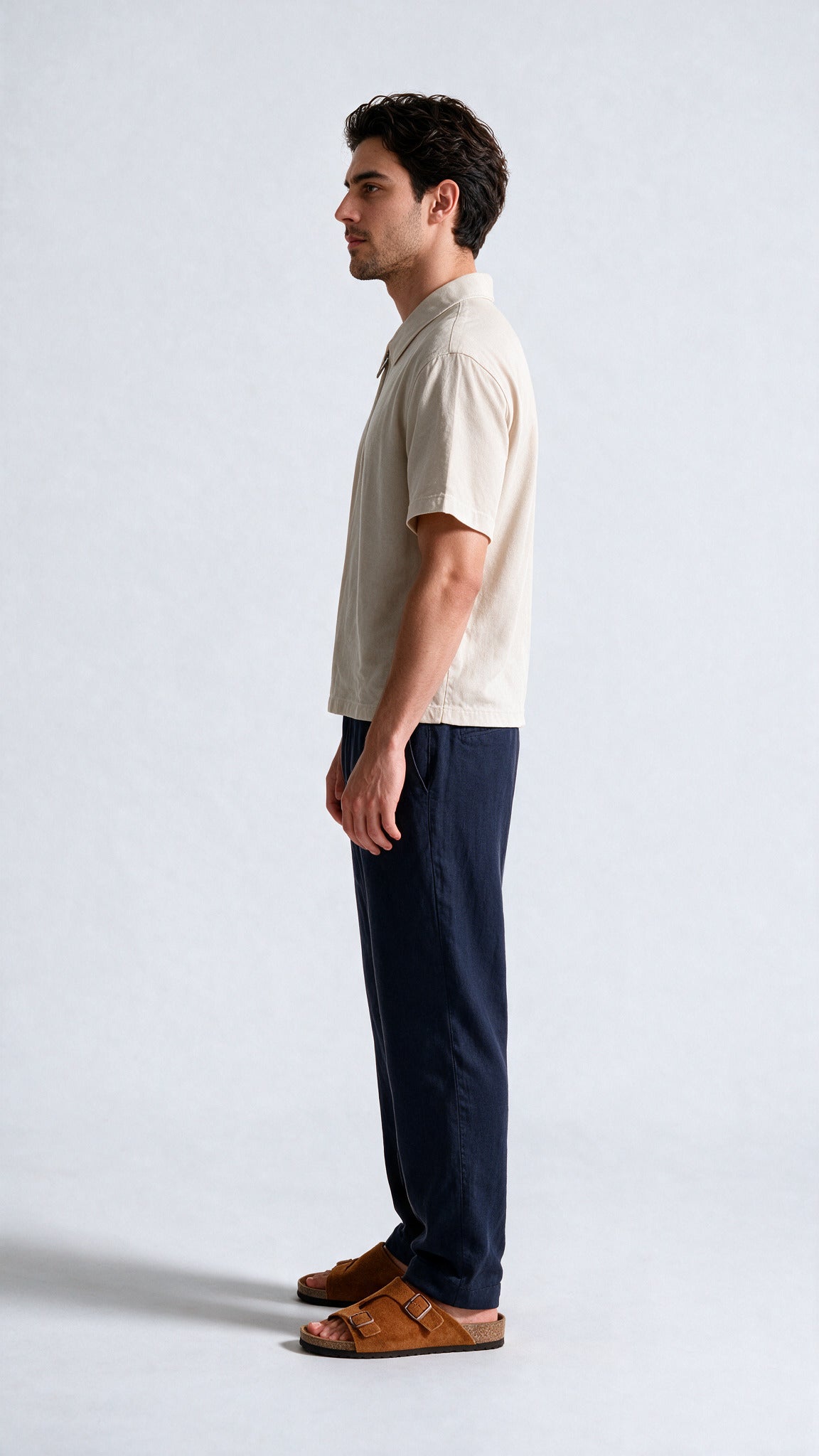 Relaxed Fit Herringbone Linen Trousers - Dark Blue