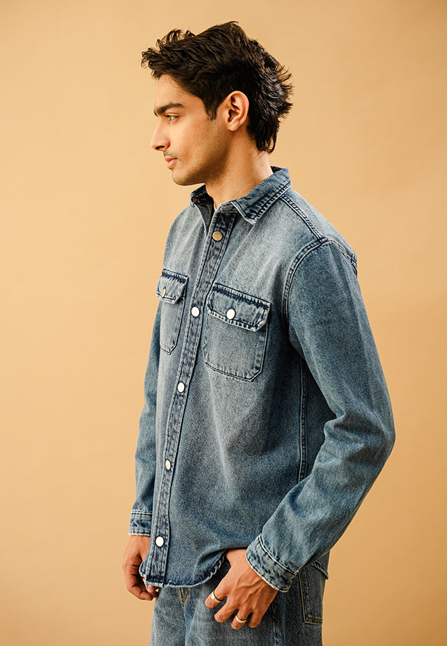 Button Down Over Shirt - Mid Blue