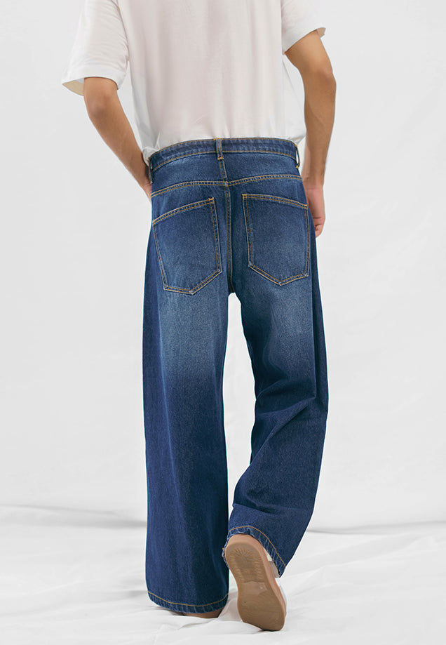 Wide Leg Pleated Jeans - Dark Blue