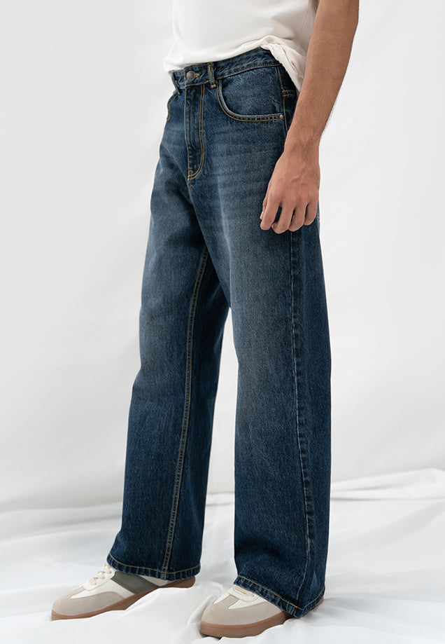 Straight Fit Wide Leg Jeans - Dark Blue