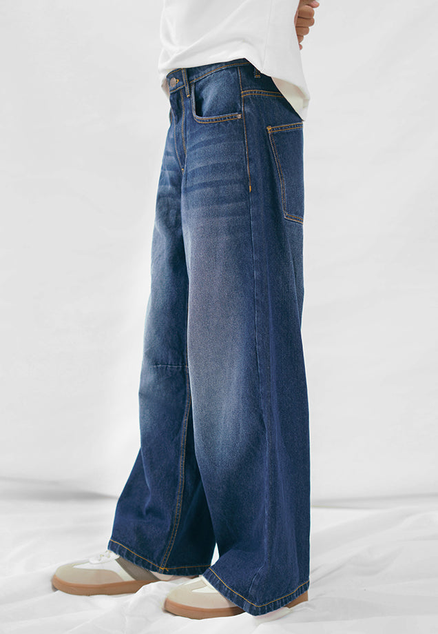 Wide Leg Pleated Jeans - Dark Blue