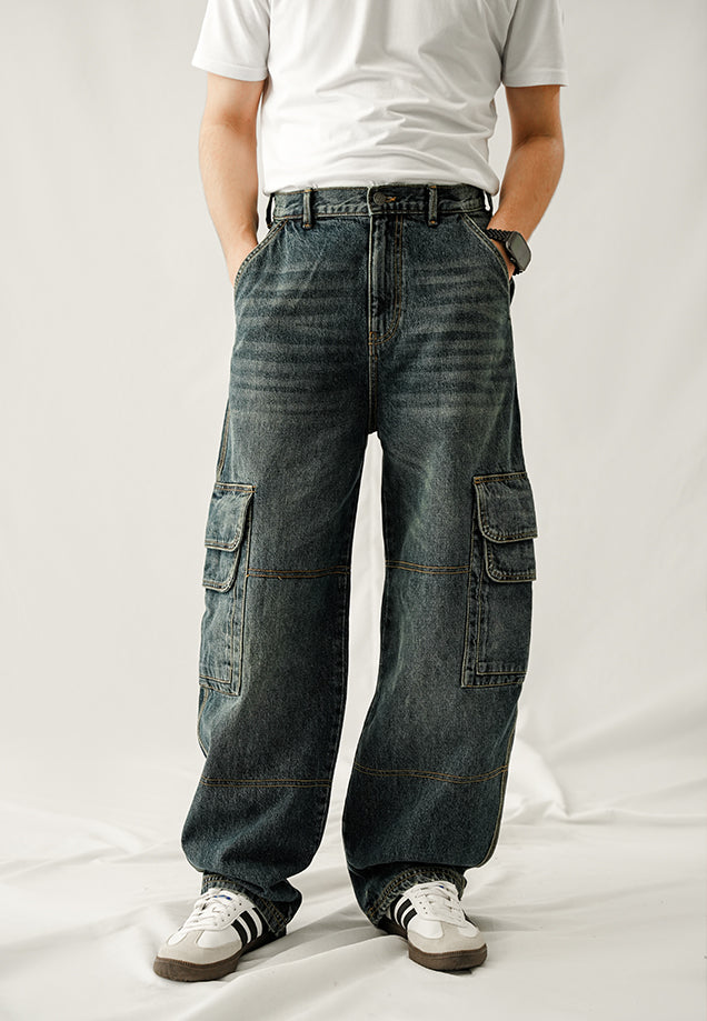 Baggy Cargo Mid Seam Jeans - Dark Blue Tint