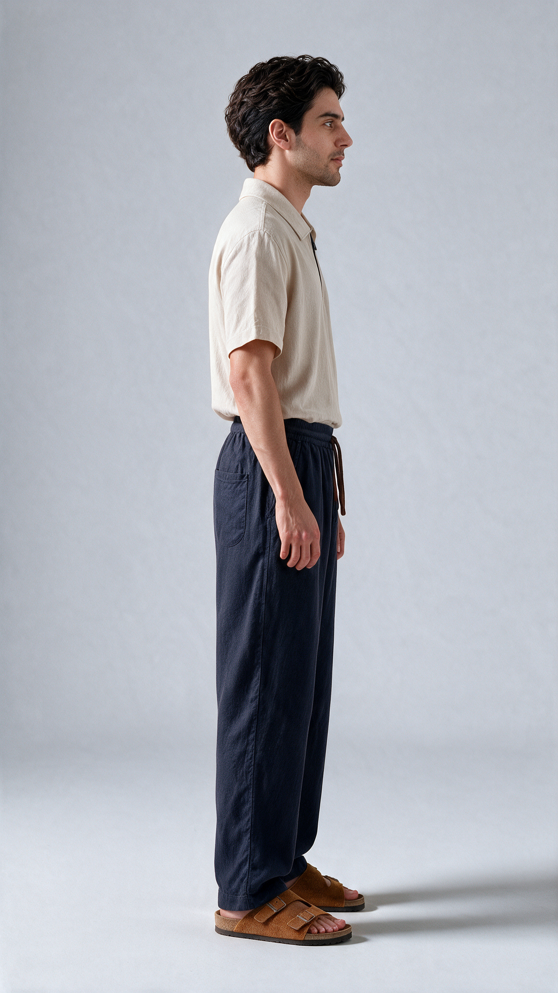 Relaxed Fit Herringbone Linen Trousers - Dark Blue