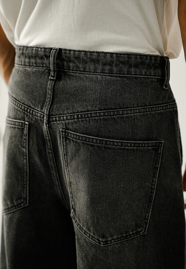 Loose Fit Baggy Denim Trousers - Black Stone Wash