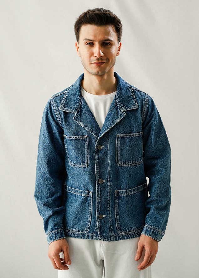 Denim Jacket With Contrast Thread - Wrinkle Wash
