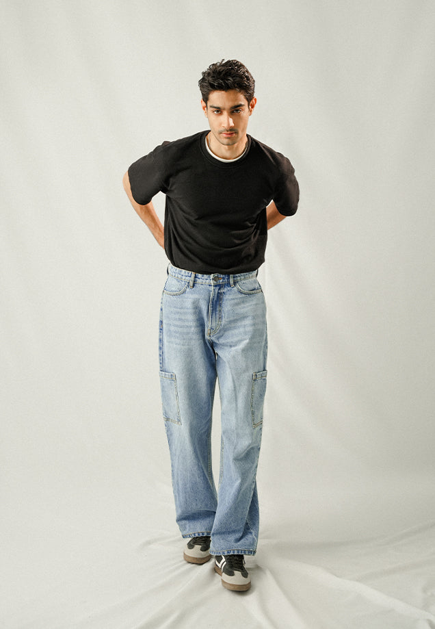 Box Cargo Pocket Baggy Fit - Mid Blue Wash