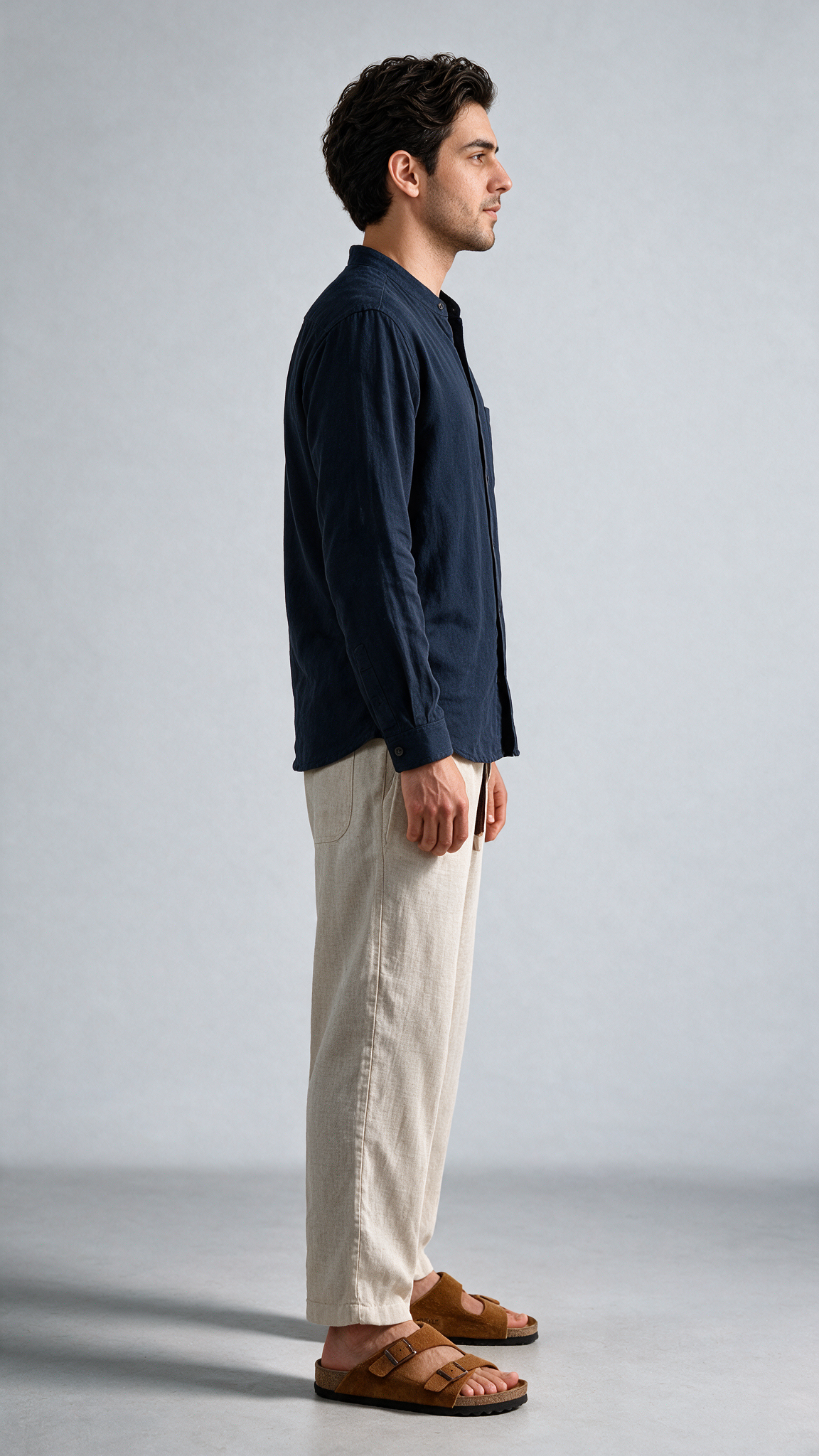Relaxed Fit Herringbone Linen Trousers - Beige