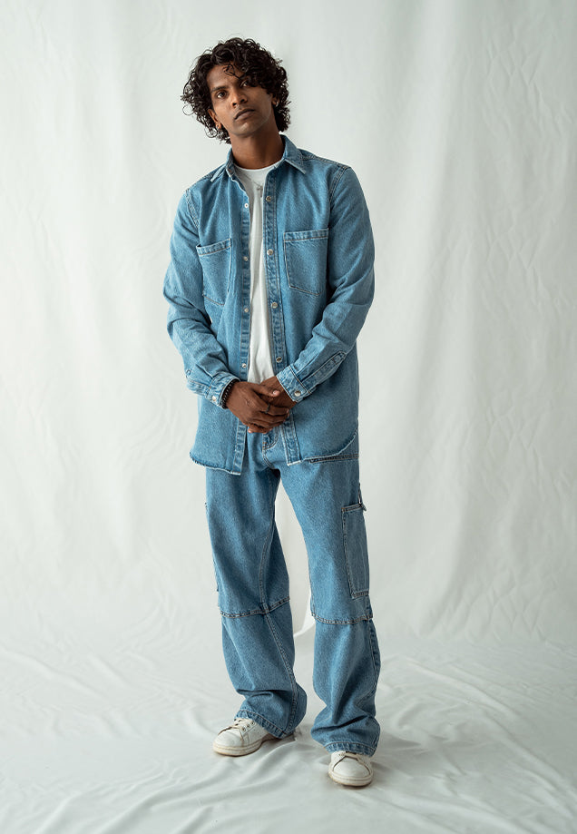 Denim Over Shirt With Pockets - Mid Blue