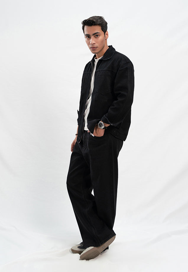 Cropped Fit Denim Jacket - Black
