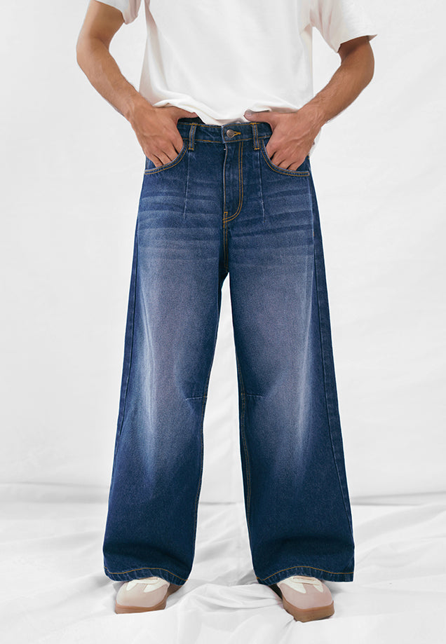 Wide Leg Pleated Jeans - Dark Blue