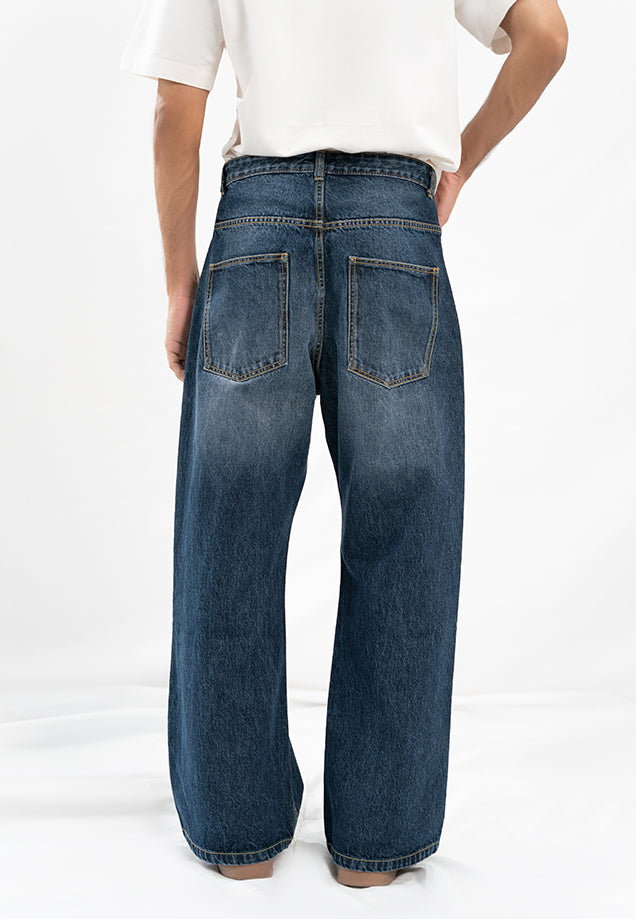 Straight Fit Wide Leg Jeans - Dark Blue