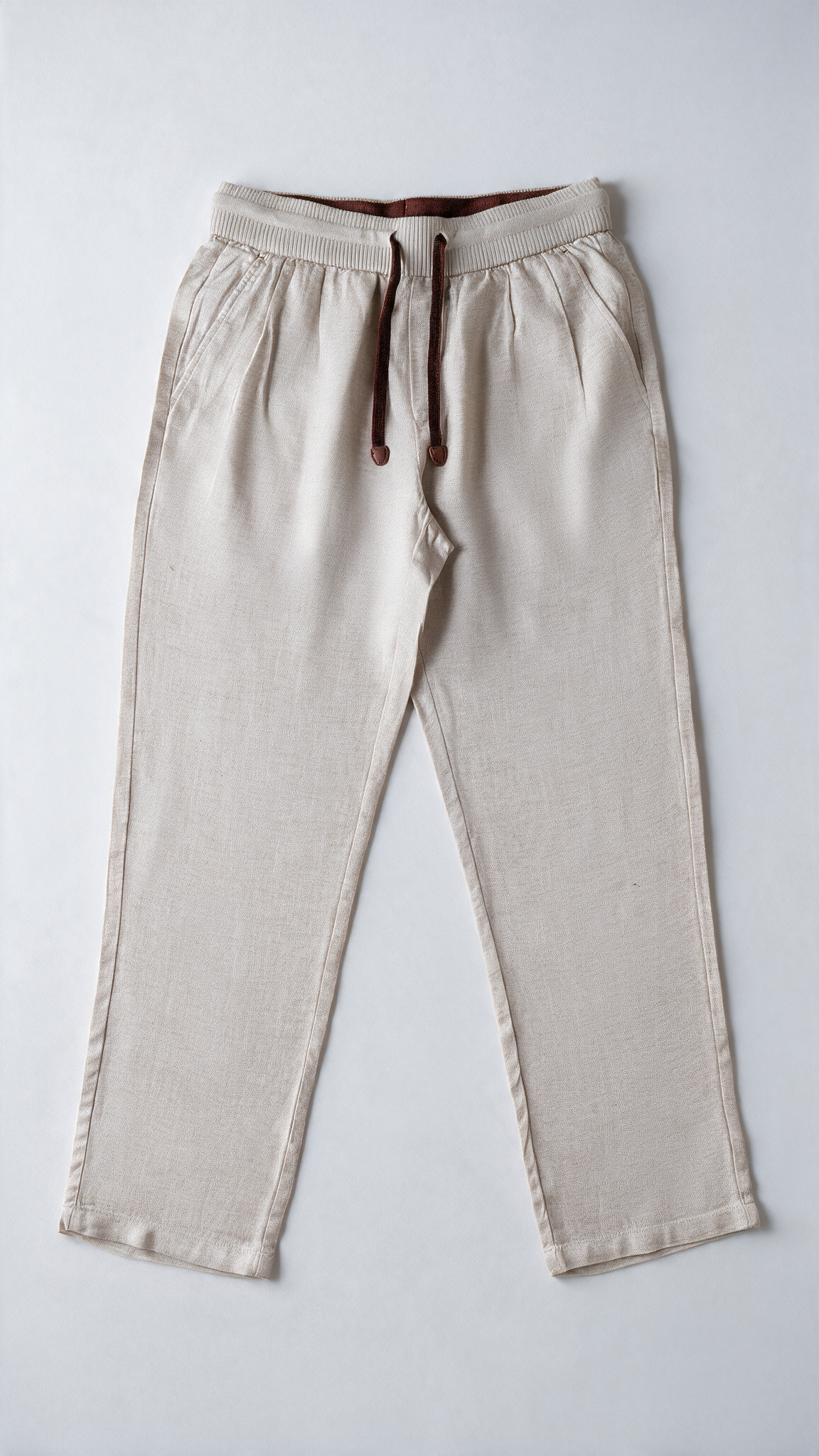 Relaxed Fit Herringbone Linen Trousers - Beige