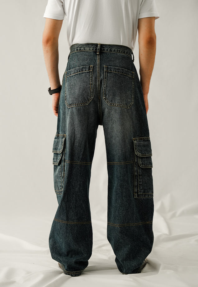 Baggy Cargo Mid Seam Jeans - Dark Blue Tint