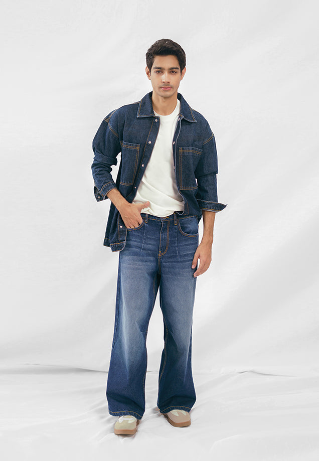 Wide Leg Pleated Jeans - Dark Blue