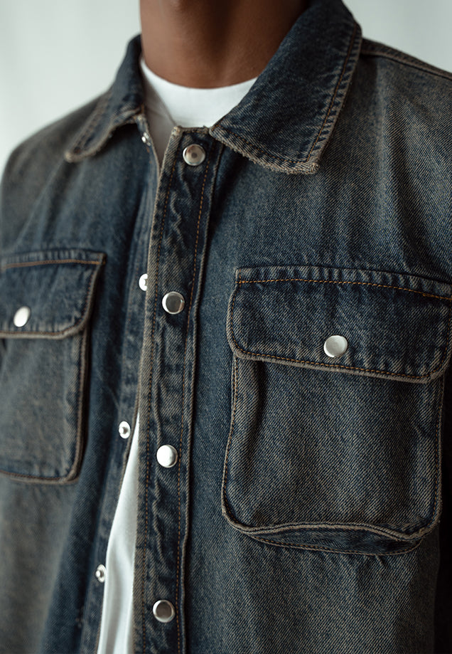 Denim Over Shirt With Flap Pockets - Dark Blue