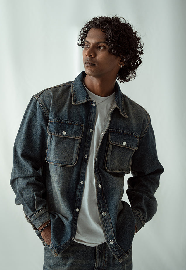 Denim Over Shirt With Flap Pockets - Dark Blue