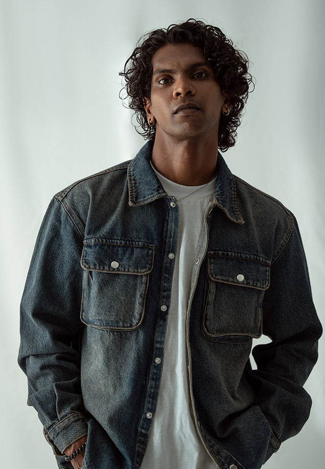 Denim Over Shirt With Flap Pockets - Dark Blue