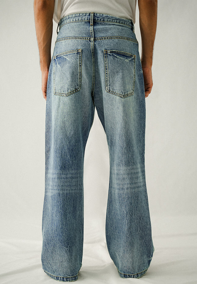 Straight Fit Wide Leg Jeans - Mid Blue Wash
