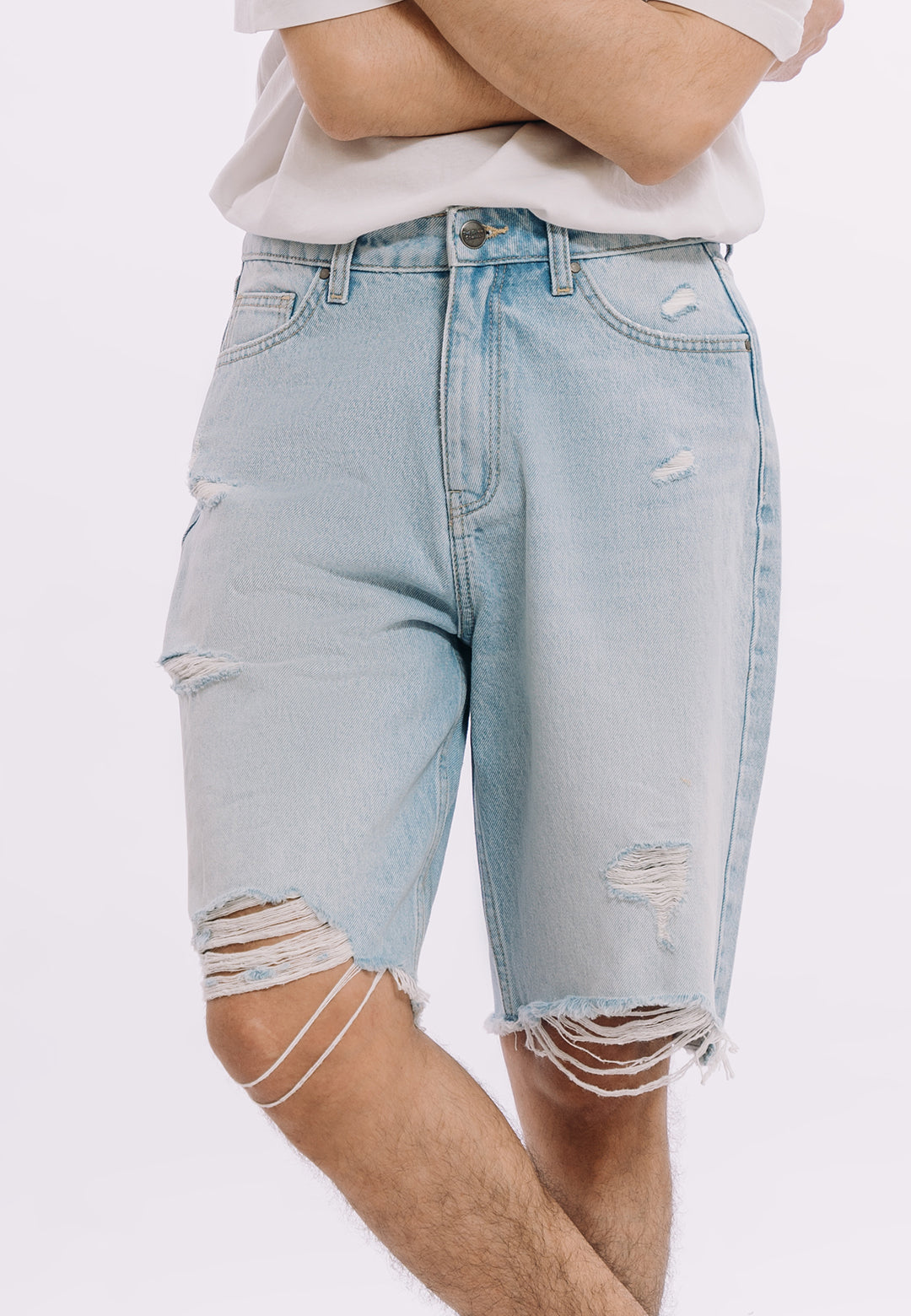 Ripped Denim Shorts - Light Blue Wash