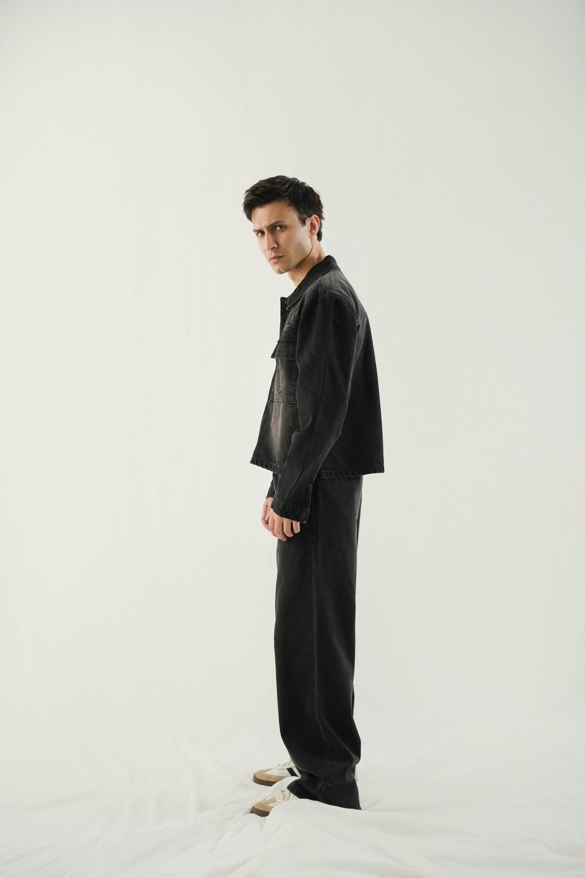 Cropped Fit Denim Shirt- Black Stone Wash