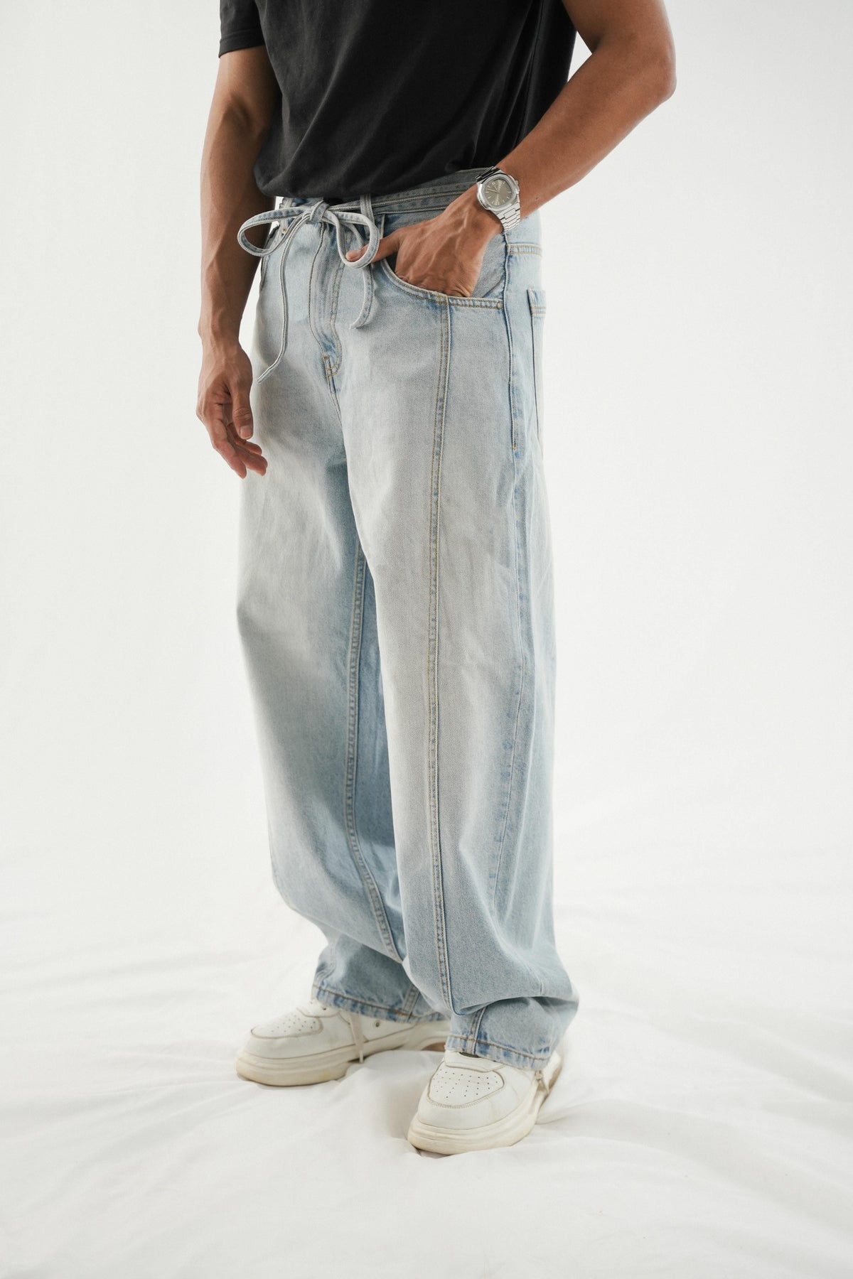 Barrel Fit Jeans With Cord - Sky Blue