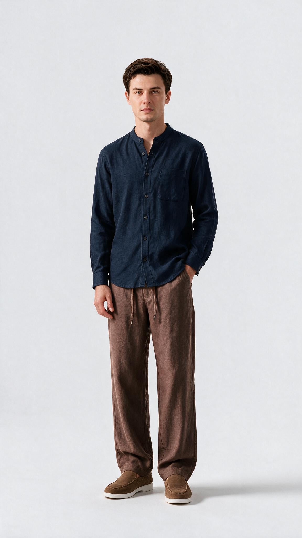 Mandarin Collar Linen Shirt - Navy Blue