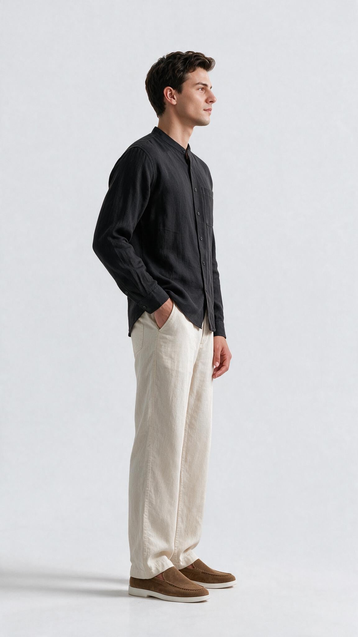 Mandarin Collar Linen Shirt - Black
