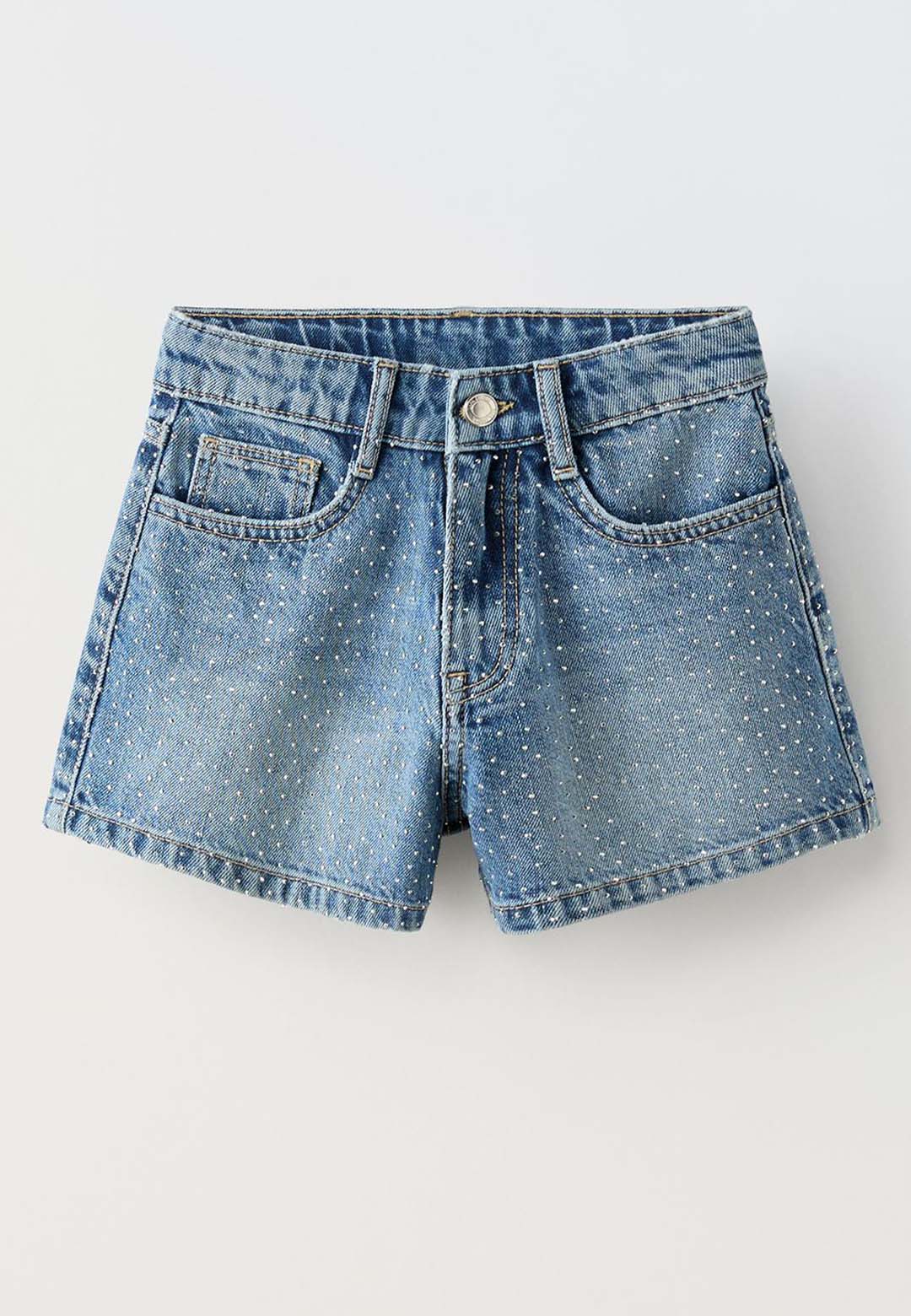 DENIM JEANS SHORT WITH STUDS - MID BLUE