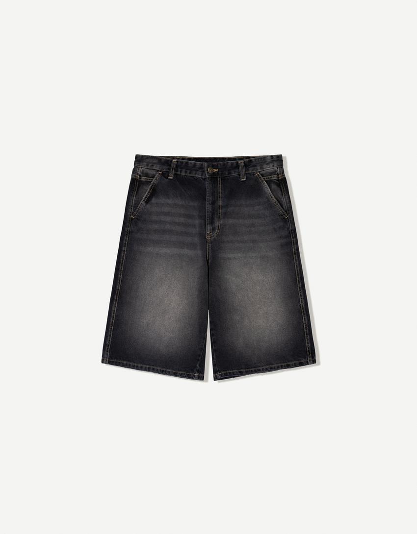 Baggy Denim Bermuda Shorts - Black