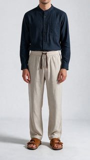 Relaxed Fit Herringbone Linen Trousers - Beige