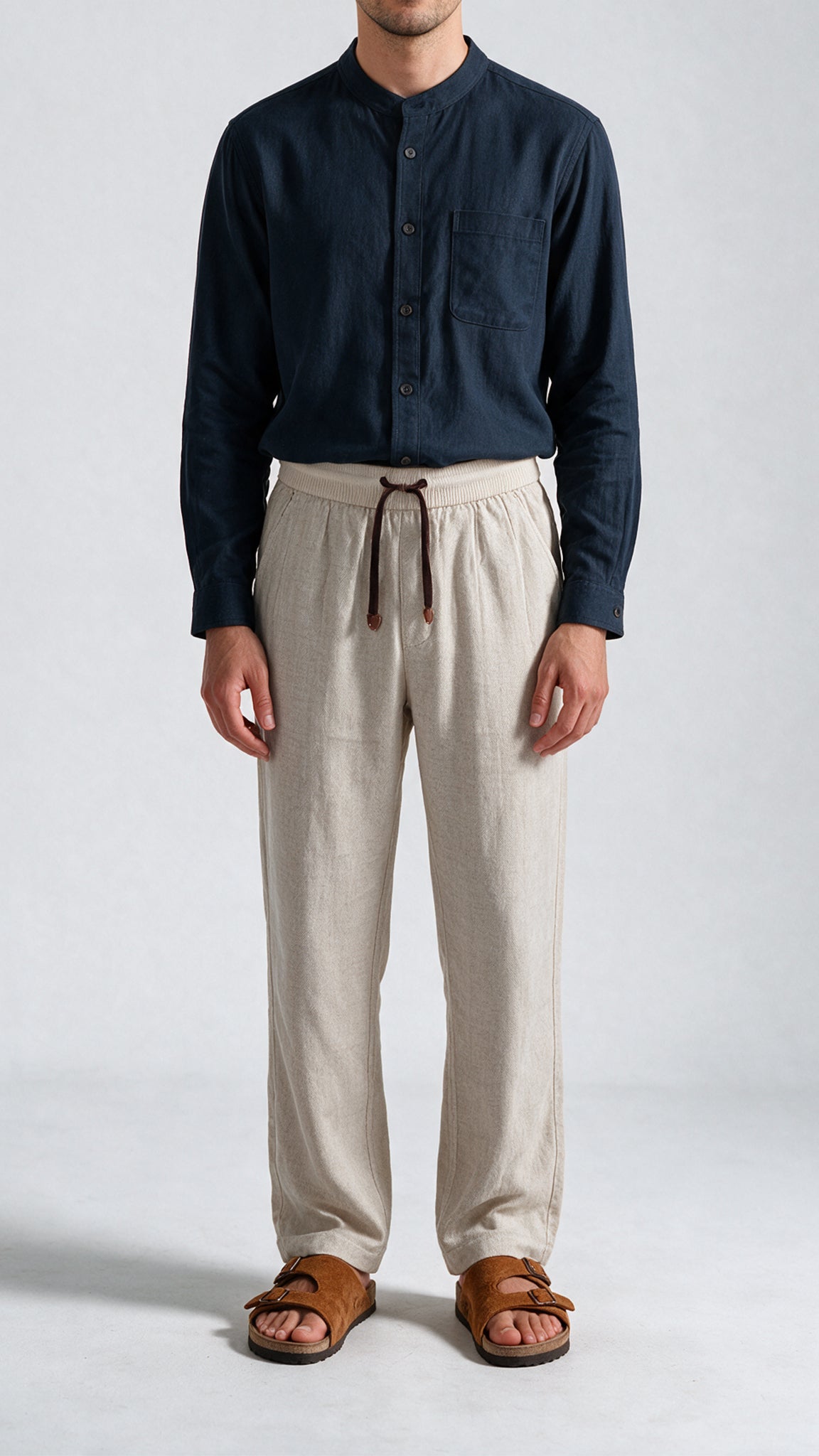 Relaxed Fit Herringbone Linen Trousers - Beige