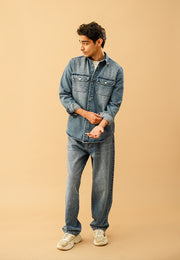Button Down Over Shirt  - Mid Blue
