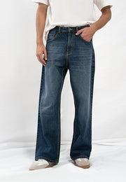 Straight Fit Wide Leg Jeans - Dark Blue