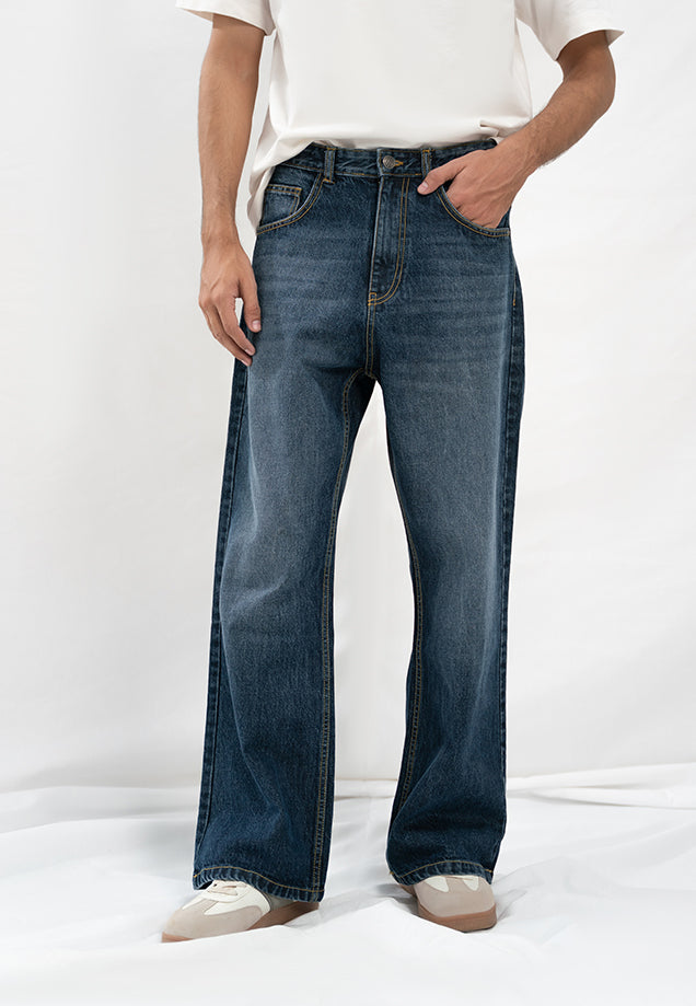 Straight Fit Wide Leg Jeans - Dark Blue