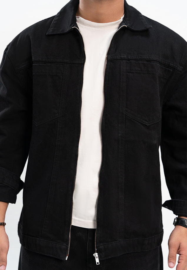 Cropped Fit Denim Jacket - Black