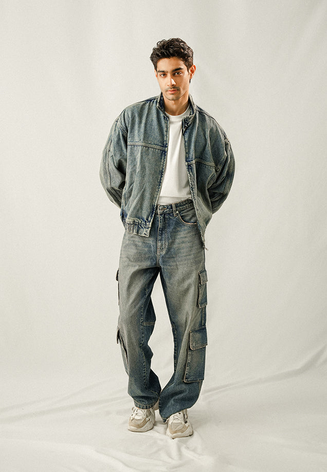 Denim Bomber Jacket - Faded Blue Tint