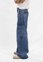 Flare Fit Cargo Pockets Jeans - Denim Blue