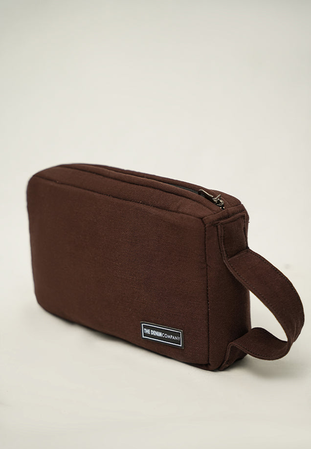 Denim Travel Accessory Pouch - Brown