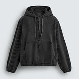 Stripe Textured Denim Hoodie Jacket - Black