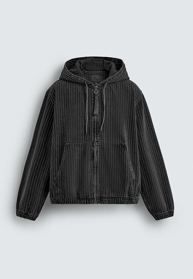 Stripe Textured Denim Hoodie Jacket - Black